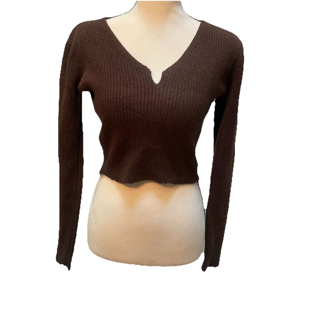 Brandy Melville Paige Notch Longsleeve Brown Ribbed V-Neck Crop Sweater OS Y2K